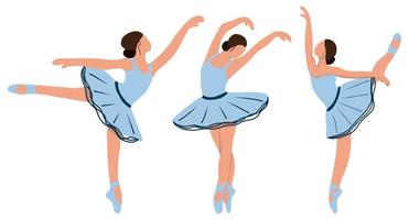 Vektorsatz eleganter Ballerina in einem blauen Tutu-Kleid, das auf Pointe tanzt. weiblicher schöner klassischer theatertänzercharakter auf lokalisiertem hintergrund. balletttänzerin illustration vektor