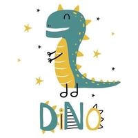 Kinderposter mit einem süßen Dinosaurier. grünes und gelbes Dino-Poster. dino-schriftzug geeignet für poster, karten, drucke, etiketten. vektor