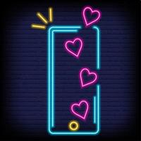 fliegende neonherzen auf dem smartphone. Liebe mag Emotionen für soziale Medien. positive Reaktion und Feedback. Vektor