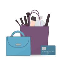 kosmetisches zubehör und parfüm in einkaufstasche, geldbörse und kreditkarte auf weiß. Einkäufe für modische Mädchen, Beauty-Blogger oder Maskenbildner. vektor