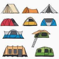 camping tält kontur doodle ritning på vit bakgrund. vektor