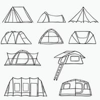Camping Zelt Umriss Doodle Zeichnung auf weißem Hintergrund. vektor