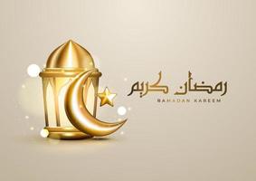 realistische islamische ramadan-grüße mit arabischer kalligrafie, goldenem halbmond, stern und laterne. luxus ramadan kareem hintergrund vektor