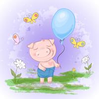 Postkarte niedlich, Schwein mit Blumen und Schmetterlingen eines Ballons. Cartoon-Stil. Vektor