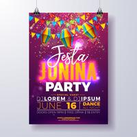 Festa Junina Party Flyer Design med Flaggor, Pappersljus och Typografi Design på Glänsande Lila Bakgrund. Vektor traditionell Brasilien juni festivals illustration