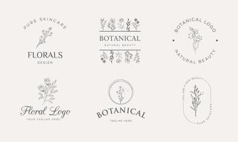 botanisches florales Element Vektor trendiges handgezeichnetes Logo mit wilden Blumen und Blättern. logo für spa- und schönheitssalon, boutique, bioladen, hochzeit, blumendesigner, innenausstattung, fotografie, kosmetik.