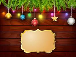beplanktes Holz mit Weihnachtsschmuck und goldenem Banner vektor