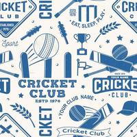 cricket club sömlösa mönster eller bakgrund. vektor. seamless sport mönster med cricket boll, wicket, borgen och hjälm siluett. cricket sport klubb konsistens. vektor