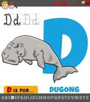 bokstaven d från alfabetet med tecknad dugong djur karaktär vektor
