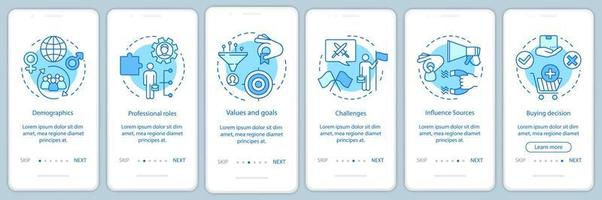 köpare persona blå onboarding mobil app sida skärm vektor mall. mänsklig aktivitet genomgång av webbplatssteg med linjära illustrationer. ux, ui, gui smartphone gränssnitt koncept