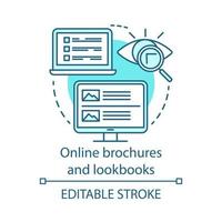 Online-Broschüren und Lookbooks blaues Konzeptsymbol. Content-Marketing-Kanäle Idee dünne Linie Illustration. Informationsdatei, Fotosammlung. Vektor isoliert Umrisszeichnung. editierbarer Strich