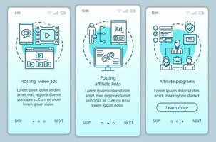 Affiliate-Marketing-Türkis-Onboarding-Bildschirm-Vektorvorlage für mobile App-Seiten. Affiliate-Werbung Walkthrough-Website-Schritte mit linearen Illustrationen. ux, ui, gui smartphone-schnittstellenkonzept vektor