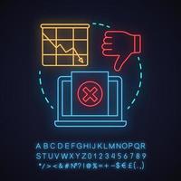 Symbol für das Konzept des Neonlichtkonzepts mit abnehmender Absprungrate. smm-Statistiken, Metriken. Publikumswachstumsrate. Verkaufsumwandlungsidee. leuchtendes zeichen mit alphabet, zahlen und symbolen. vektor isolierte illustration