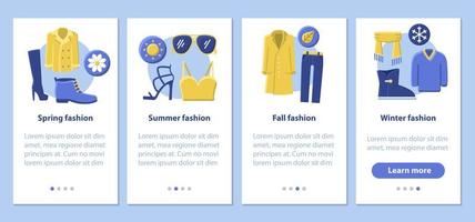 Modekollektionen mobile App Seite Bildschirm Vektorvorlage. frühling, sommer, herbst, winter outfits. Online Einkaufen. flache Design-Website-Anweisungen. ux, ui, gui smartphone-schnittstellen-cartoon-konzept vektor