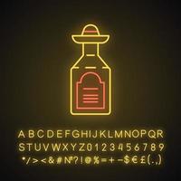 Symbol für Tequila-Neonlicht. mexikanisches starkes alkoholisches getränk. Flasche mit Sombrero-Spund. leuchtendes zeichen mit alphabet, zahlen und symbolen. vektor isolierte illustration