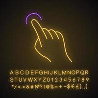 Touchscreen-Geste Neonlicht-Symbol. tippen, zeigen, klicken, ziehen gestikulieren. menschliche Hand und Finger. mit sensorischen Geräten. leuchtendes zeichen mit alphabet, zahlen und symbolen. vektor isolierte illustration