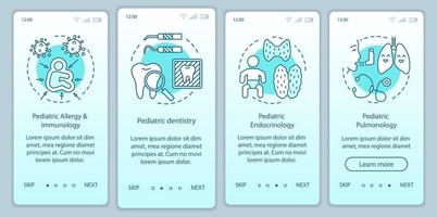 pädiatrische dienste beim onboarding der mobilen app-seitenbildschirm-vektorvorlage. Allergie, Zahnmedizin, Endokrinologie. Walkthrough-Website-Schritte mit linearen Illustrationen. ux, ui, gui smartphone-schnittstellenkonzept vektor