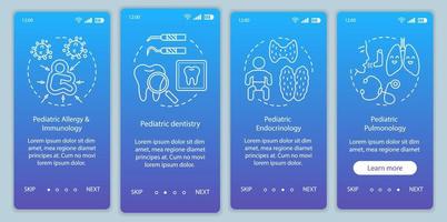 pädiatrischer Dienst beim Onboarding der Seite für den Bildschirm der mobilen App, Vektorvorlage. Immunologie, Zahnmedizin, Pulmologie. Walkthrough-Website-Schritte mit linearen Illustrationen. ux, ui, gui smartphone-schnittstellenkonzept vektor