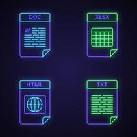 Dateiformat Neonlichtsymbole gesetzt. Text-, Web- und Datendateien. doc, xlsx, html, txt. leuchtende Zeichen. Vektor isolierte Illustrationen