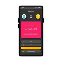 matematiska tester smartphone gränssnitt vektor mall. mobil app sida svart design layout. beräkningsövningsskärm. platt UI för pedagogisk tillämpning. telefondisplay med matematikekvation