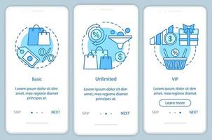 rabatte boni abonnement onboarding mobiler app-seitenbildschirm mit linearen konzepten. drei Walkthrough-Schritte mit grafischen Anweisungen. Basic, VIP-Tarif. ux, ui, gui-vektorvorlage mit illustrationen vektor