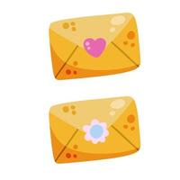 brev. gulligt gult kuvert med ett meddelande och post med blomma och hjärta. vektor