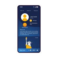 sociala resor app smartphone gränssnitt vektor mall. mobila resenärer community nätverk design layout. resebloggskärm. turistprofil, konto. trip advisor ansökan platt ui. telefonens display