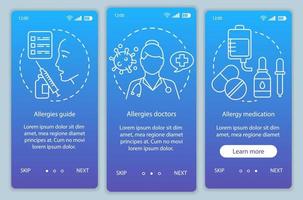 allergi medicinsk hjälp onboarding mobil app sida skärm vektor mall. allergiguide, läkare, medicinering. genomgång av webbplatssteg med illustrationer. ux, ui, gui smartphone gränssnitt koncept