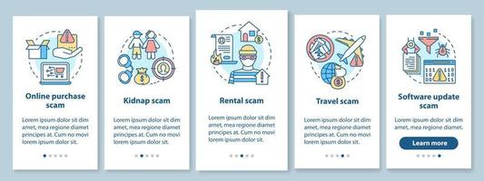 Betrugstypen beim Onboarding des Bildschirms der mobilen App-Seite mit linearen Konzepten. Fünf Walkthrough-Schritte mit grafischen Anweisungen. Online-Kauf- und Mietbetrug. ux, ui, gui-vektorvorlage mit illustrationen vektor