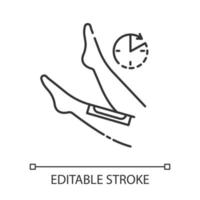 lineares Symbol für das Wachsen der Beine. Verfahrensschritt zur Haarentfernung am Schienbein. Naturkaltwachsstreifen auftragen, Wartevorgang. dünne Liniendarstellung. Kontursymbol. Vektor isoliert Umrisszeichnung. editierbarer Strich