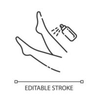 Beinspray lineares Symbol. Prozessschritt zur Entfernung der Schienbeinhaare. Feuchtigkeitsspendend, Hautpflege nach der Enthaarung. dünne Liniendarstellung. Kontursymbol. Vektor isoliert Umrisszeichnung. editierbarer Strich