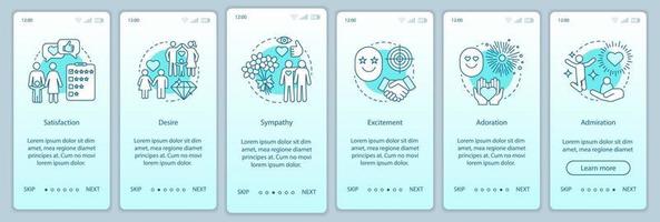 Beziehungsgefühle beim Onboarding der mobilen App-Seitenbildschirm-Vektorvorlage. Befriedigung, Verlangen, Anbetung. Walkthrough-Website-Schritte mit linearen Illustrationen. ux, ui, gui smartphone-schnittstellenkonzept vektor