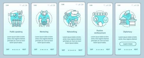 hr mjuka färdigheter onboarding mobil app sida skärm vektor mall. att tala inför publik, mentorskap, diplomati. medarbetarnas förmågor genomgång av webbplatssteg. ux, ui, gui smartphone gränssnitt koncept