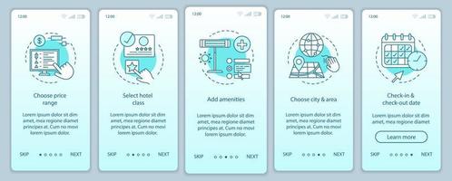 Vektorvorlage für den Bildschirm der Hotelbuchung beim Onboarding der mobilen App-Seite. Wohnung, Unterkunftsreservierung. Herberge, Motelauswahl. Walkthrough-Website-Schritte. ux, ui, gui smartphone-schnittstellenkonzept vektor