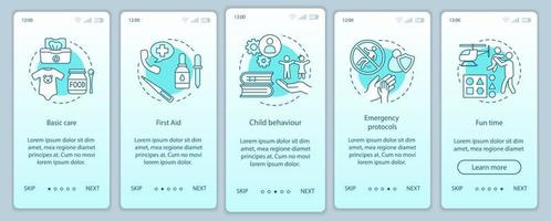 Babysitter-Klassen beim Onboarding mobiler App-Bildschirmvektorvorlage. Kinderbetreuung. Babysitter-Ausbildung. Walkthrough-Website-Schritte. Pädiatrie. Kursprogramm Kinderbetreuung. ux, ui, gui-smartphone-schnittstelle vektor