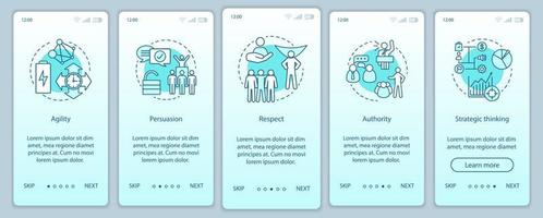 hr-basiskompetenzen beim onboarding der mobilen app-seitenbildschirm-vektorvorlage. Mitarbeiter weiche Qualitäten, Fähigkeiten. Respekt, Autorität, Überzeugung Walkthrough Website-Schritte. ux, ui, gui-smartphone-schnittstelle vektor