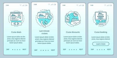 Cruise Onboarding Mobile App Seitenbildschirm Vektorvorlage. Angebote, Last-Minute-Kreuzfahrten, Rabatte, Buchung. Walkthrough-Website-Schritte mit linearen Illustrationen. ux, ui, gui smartphone-schnittstellenkonzept vektor