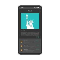 Reiseblog-Schnittstellenvektorvorlage. Seitendesign-Layout für mobile Apps. Kontobildschirm für soziale Netzwerke mit Beitrag. New Yorker Sehenswürdigkeiten. Fotoinhalt. flache Benutzeroberfläche für die Anwendung. Telefondisplay mit Newsfeed vektor