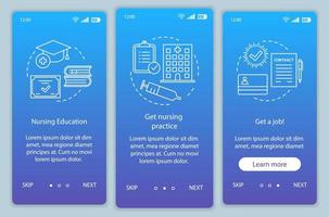 sjuksköterska jobb onboarding mobil app sida skärm vektor mall. bli familjevårdare genomgång av webbplatssteg med linjära illustrationer. utbildning, praktik. ux, ui, gui smartphone gränssnitt koncept