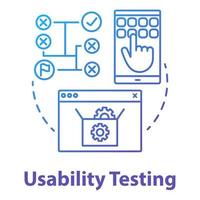 Symbol für das Konzept der Usability-Tests. Softwareentwicklungsphase Idee dünne Linie Abbildung. Benutzerinteraktion mit dem System. App-Programmierung. es Projektmanagement. Vektor isoliert Umrisszeichnung