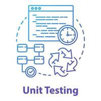 Symbol für das Unit-Testing-Konzept. Softwareentwicklungsphase Idee dünne Linie Abbildung. Überprüfung der Anwendungsleistung. Java-Quellcode. es Projekt. Vektor isoliert Umrisszeichnung