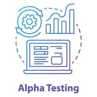 Alpha-Testkonzept-Symbol. Softwareentwicklungsphase Idee dünne Linie Abbildung. Überprüfung der Anwendungsleistung. es Projektmanagement. App-Codierung. Vektor isoliert Umrisszeichnung