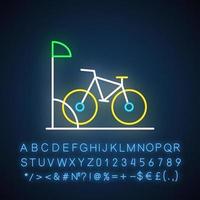cykelparkering neonljusikon. cykelställ. sportaktivitet. ekotransporter. stadscykling. lägenhetsbekvämligheter. glödande tecken med alfabet, siffror och symboler. vektor isolerade illustration