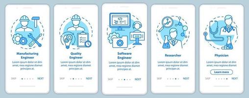 bioengineering-jobs beim onboarding auf dem bildschirm der mobilen app-seite mit linearen konzepten. Fünf Walkthrough-Schritte mit grafischen Anweisungen. Forscher und Arzt. ux, ui, gui-vektorvorlage mit illustrationen vektor