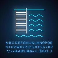 Symbol für Neonlicht im Schwimmbad. Wasser und Leiter. Baden. Wasserpark. Auatische Einrichtungen. Wohnungsausstattung. leuchtendes zeichen mit alphabet, zahlen und symbolen. vektor isolierte illustration