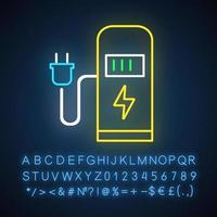 Symbol für Neonlicht der Autoladestation. Elektrische Kraftstoffpumpe für den öffentlichen Gebrauch. ev Nachladepunkt. intelligente Energie. leuchtendes zeichen mit alphabet, zahlen und symbolen. vektor isolierte illustration