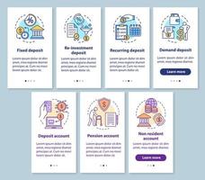 besparingar, insättningsinvesteringar ombord på mobilappsidan med linjära koncept. olika insättningstyper. genomgångssteg grafiska instruktioner set. ux, ui, gui vektormall med illustrationer vektor