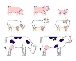 flache vektorillustration der landwirtschaftlichen tiere. viehhaltung, gestaltungselemente der haustierhaltung mit umrissen. Kühe, Schafe und Schweine Seitenansicht isoliert auf weißem Hintergrund vektor