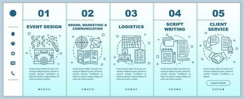 ereignismanagement, planung des onboardings von mobilen webseiten vektorvorlage. reaktionsschnelle smartphone-website-schnittstellenidee mit linearen illustrationen. Webseiten-Walkthrough-Schrittbildschirme. Farbkonzept vektor