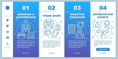 Corporate Event Management beim Onboarding mobiler Webseiten Vektorvorlage. reaktionsschnelle smartphone-website-schnittstellenidee mit linearen illustrationen. Webseiten-Walkthrough-Schrittbildschirme. Farbkonzept vektor